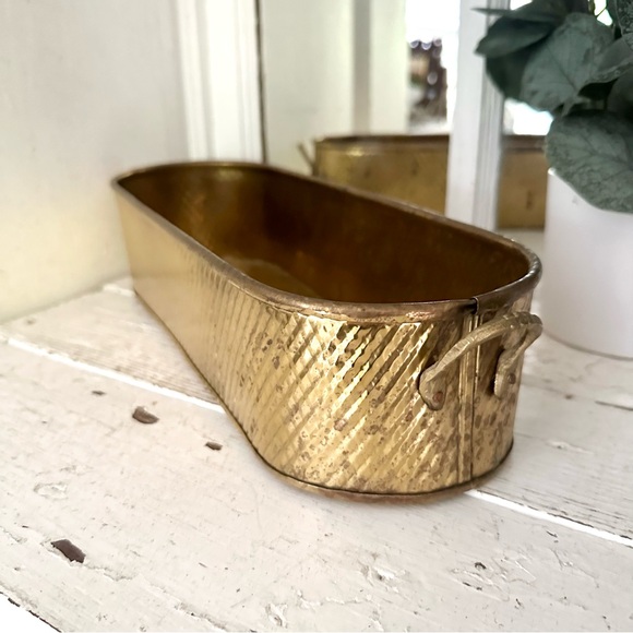 Hammered Brass Long Planter Vintage Style 13”x5” Made in India Bohemian Boho - Picture 2 of 9